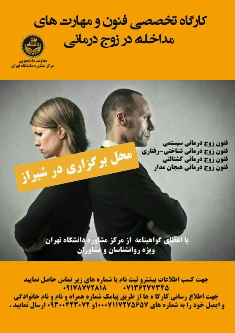 کارگاه تخصصی فنون و مهارت های مداخله در زوج درمانی در شیراز